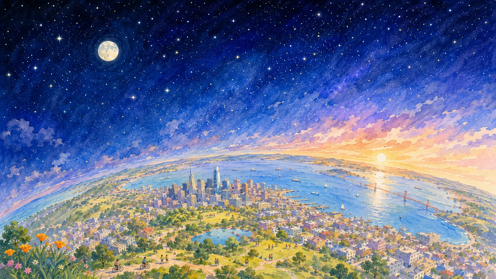 Una città vista dall'alto al crepuscolo: la notte stellata da un lato, l'alba dall'altro.